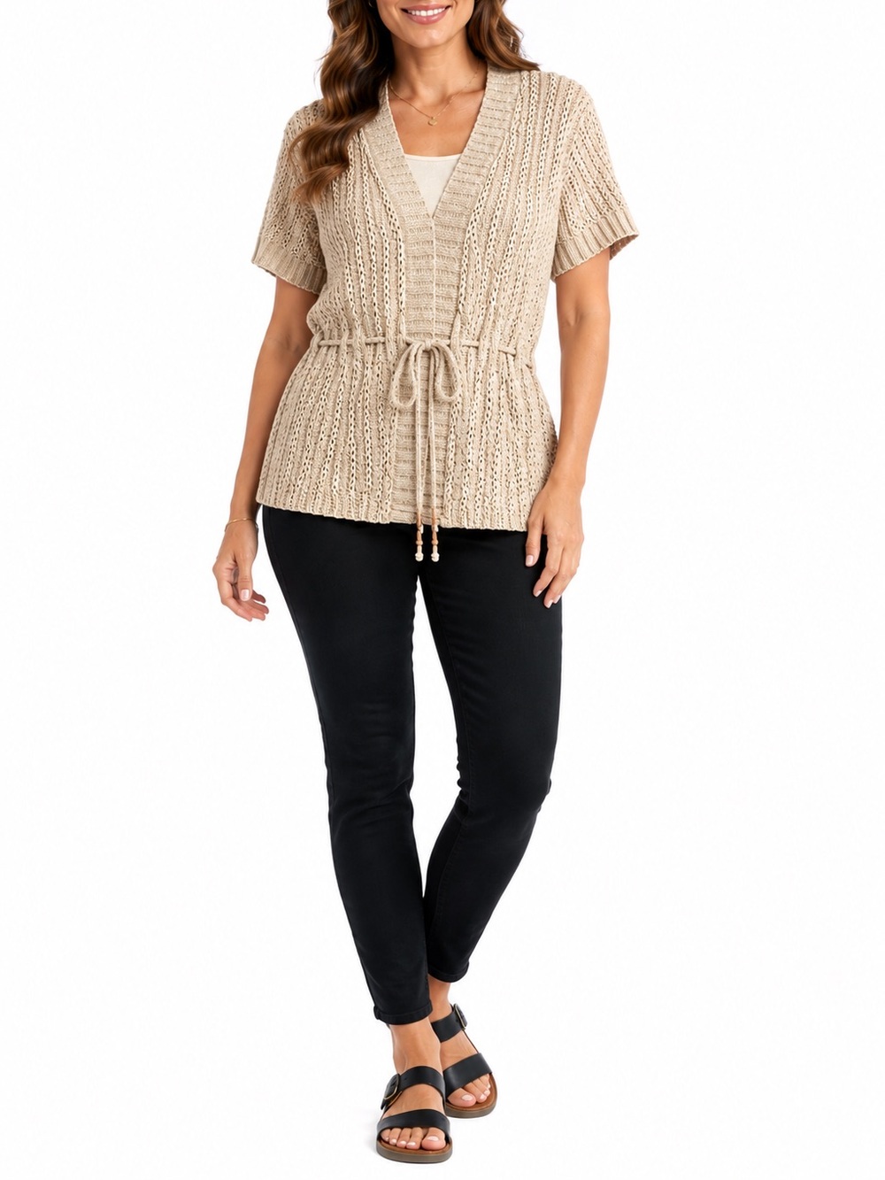 Style & Co Open Knit Short Sleeve Tie Waist Cardigan 1X Beige Cotton Sweater